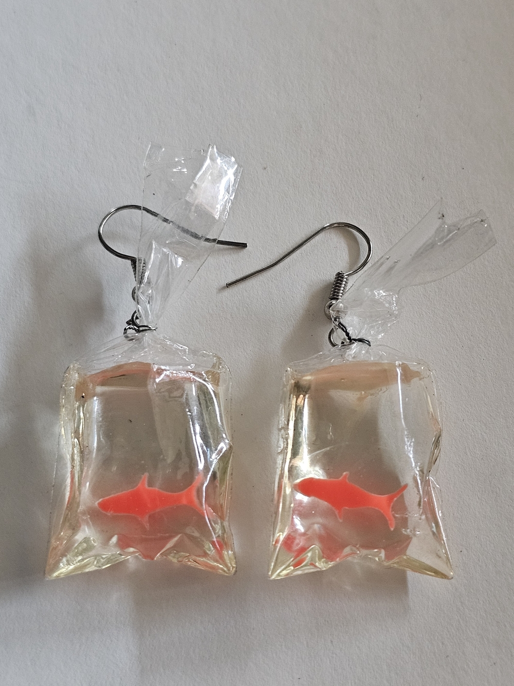 Novelty Fish-in-Bag Drop Earrings - Clear with Orange Fish